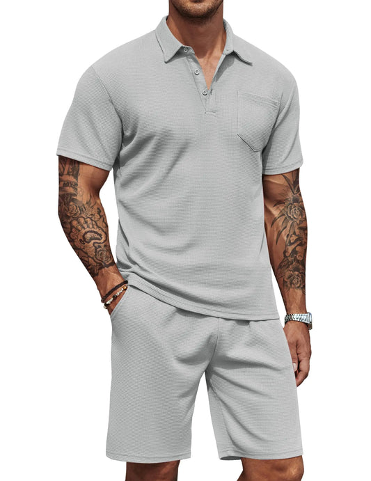 COOFANDY Mens Waffle Knit Polo Shirt and Shorts Set 2 Pieces Outfits Summer Suit Casual Tracksuit with Pockets