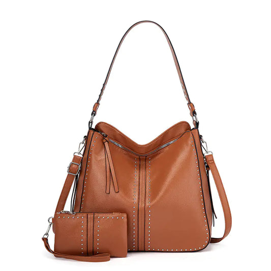 2Pcs Studded Hobo Bag Set with Clutch Purses