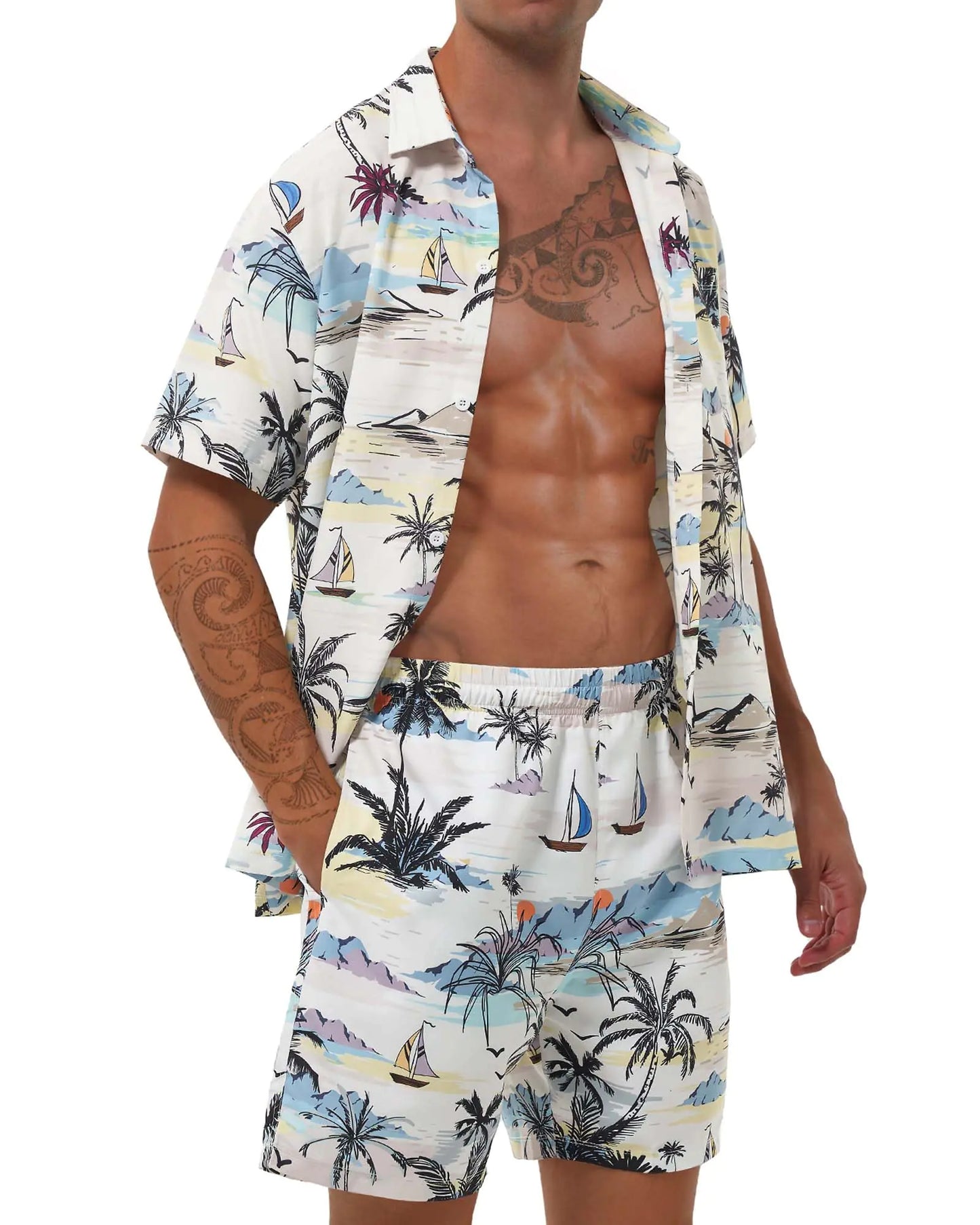 Poekuao Mens Hawaiian Matching Set Summer Beach Swim Outfits 2 Piece Flower Tropical Short Sleeve Cuban Shirts and Shorts Suits (tropical printxl)
